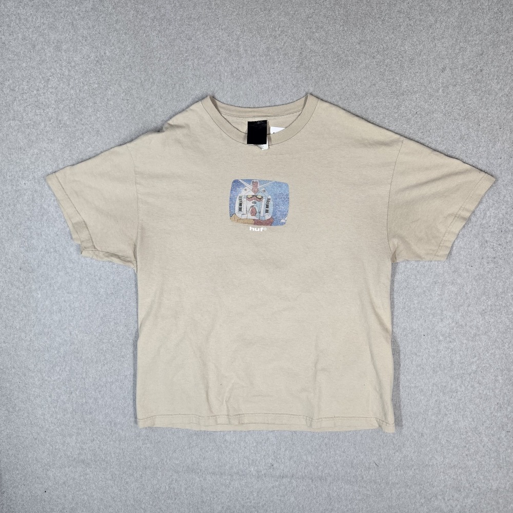 HUF x Gundam Scanline Men Shirt L Beige Logo Graphic Print Short Sleeve Tee